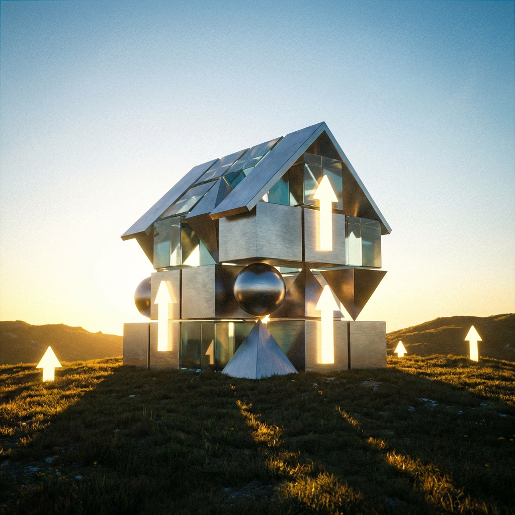 Modular house made of geometric shapes with glowing upward arrows on a grassy hill at sunset.