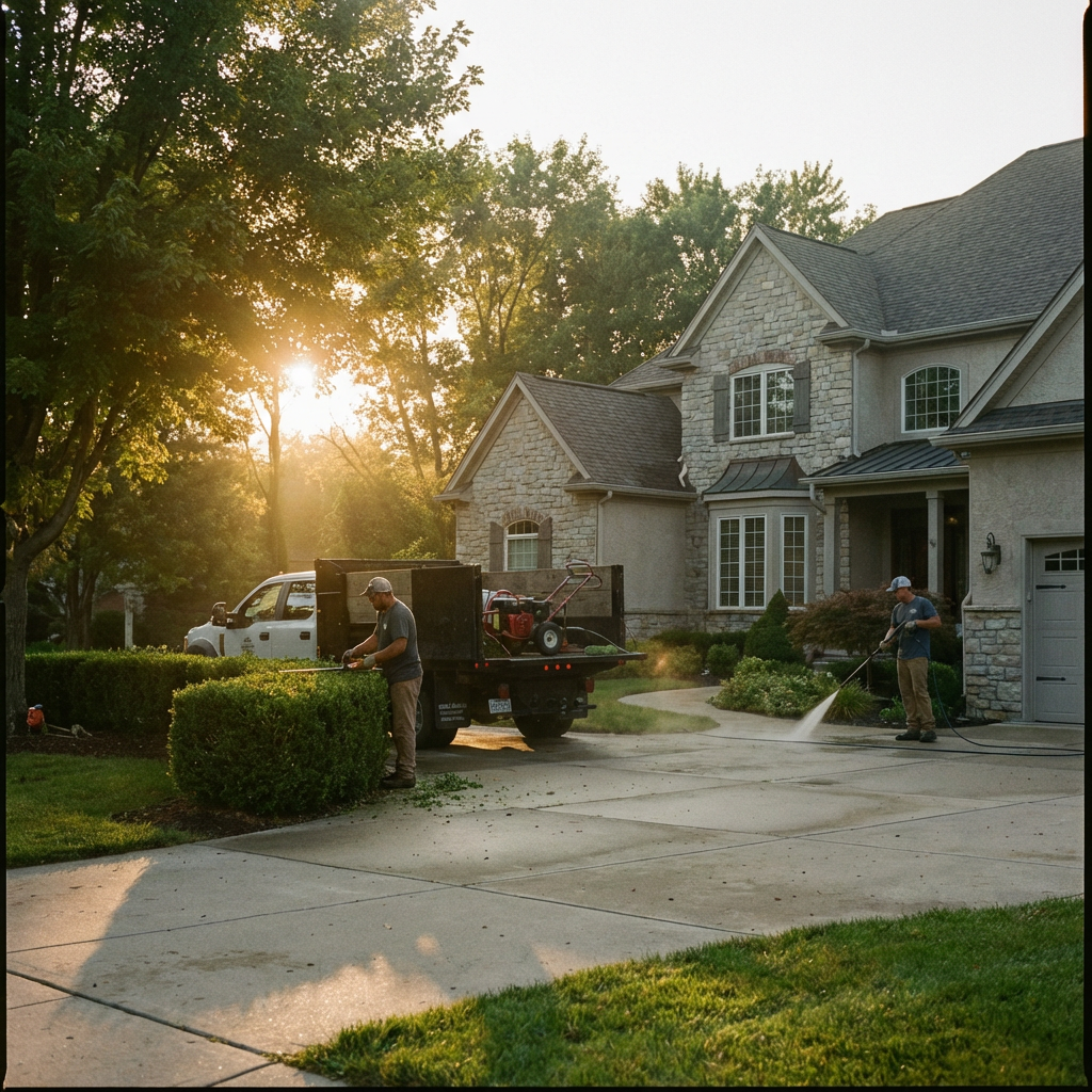 Landscapers trimming hedges and power washing a driveway at a large suburban house.